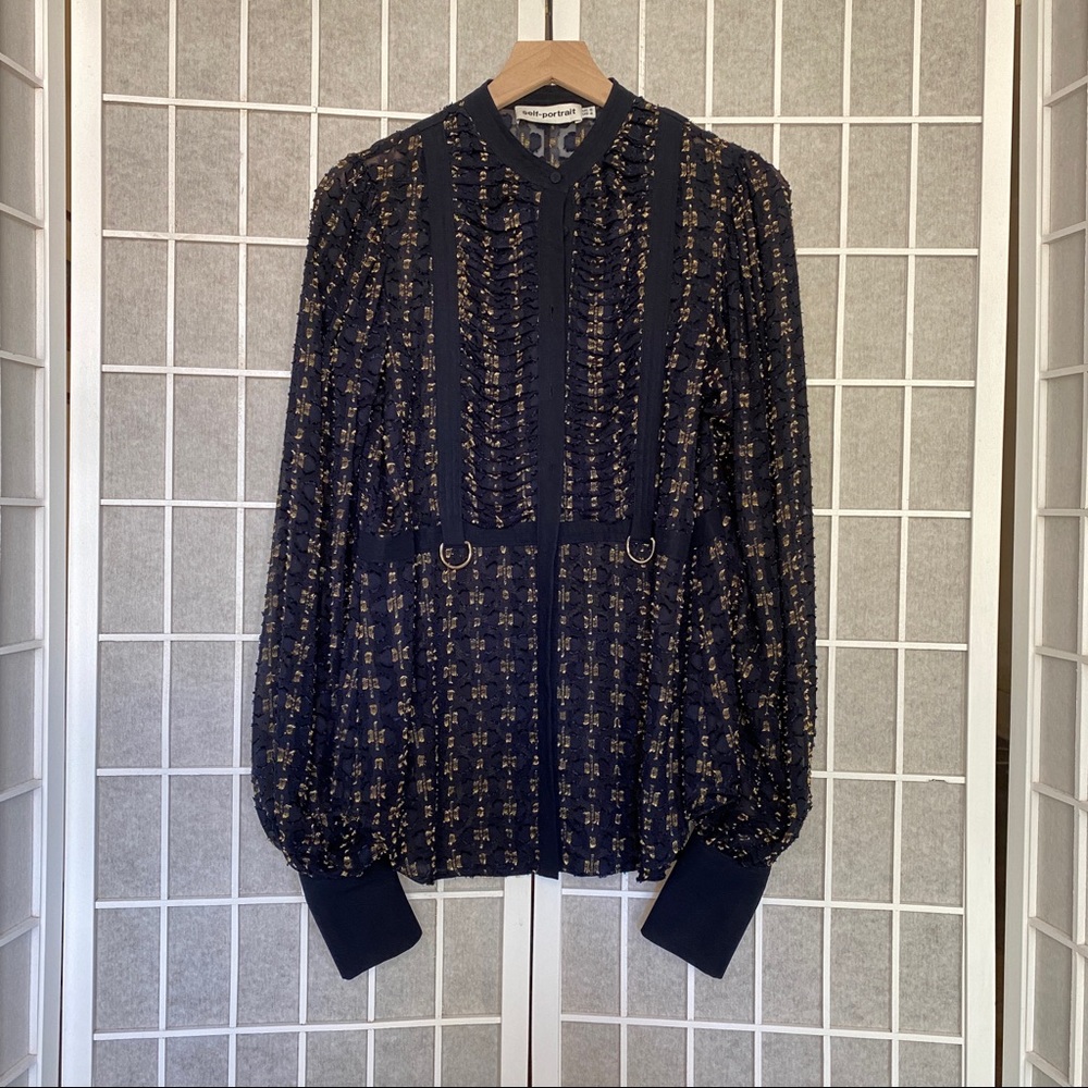 Self-Portrait oversized navy shirt with gold details